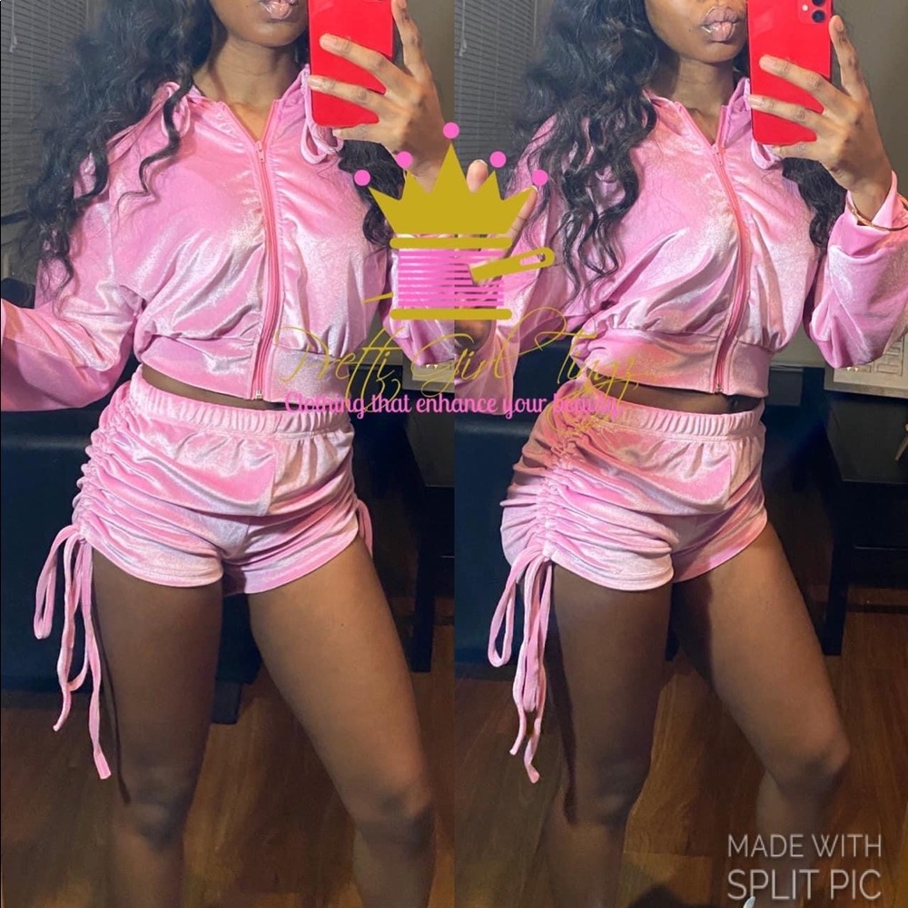 Hooded Collar Drawstring Pink Two Piece Shorts Set